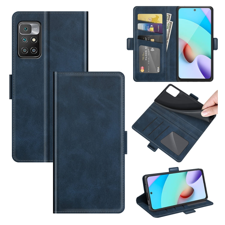 Dark blue leather flip phone case with magnetic closure, card slots, and wallet holder