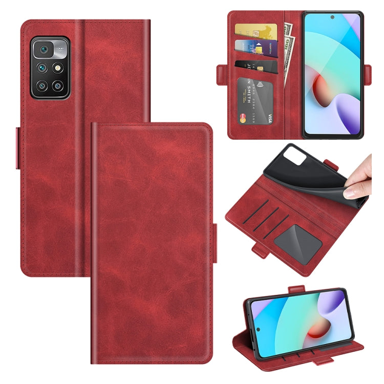 Red leather flip phone case with magnetic closure, card slots, and wallet holder