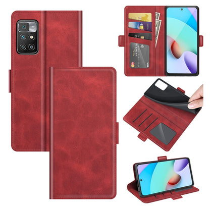 Red leather flip phone case with magnetic closure, card slots, and wallet holder