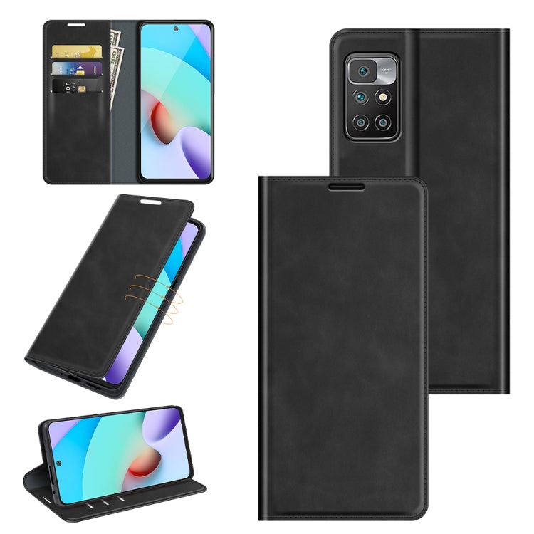 Magnetic leather wallet phone case with card slots and stand, black for Redmi 10