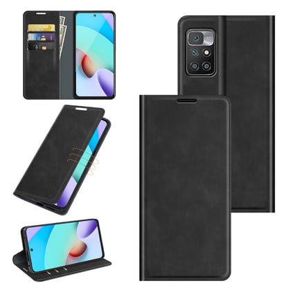 Magnetic leather wallet phone case with card slots and stand, black for Redmi 10