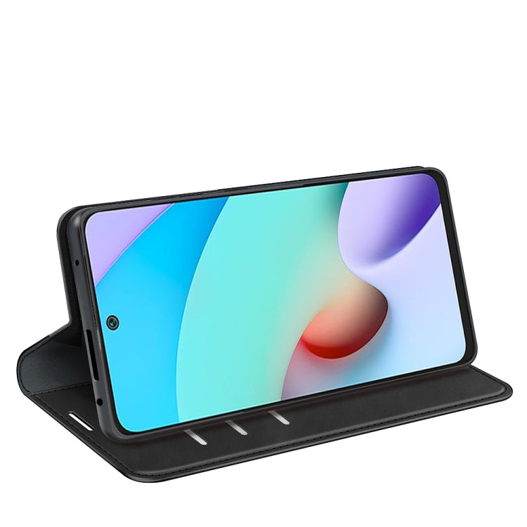 Black magnetic leather wallet phone case in kickstand view, open front flap