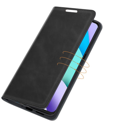 Black magnetic leather wallet phone case with curved fold and card slot lines