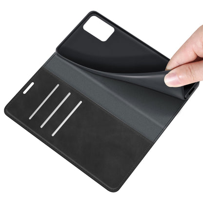 Black magnetic leather wallet phone case detail with card slots and fold-up cover