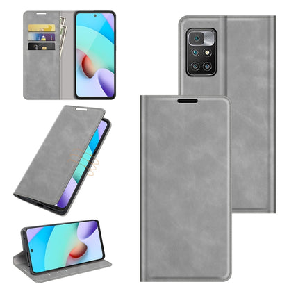 Magnetic leather wallet phone case with card slots and stand, grey for Redmi 10