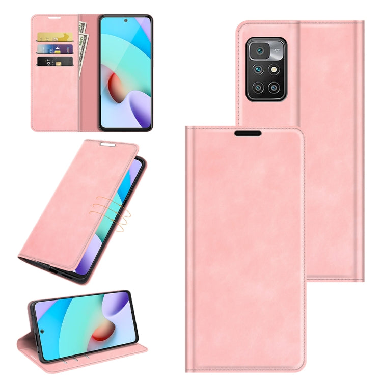 Magnetic leather wallet phone case with card slots and stand, pink for Redmi 10