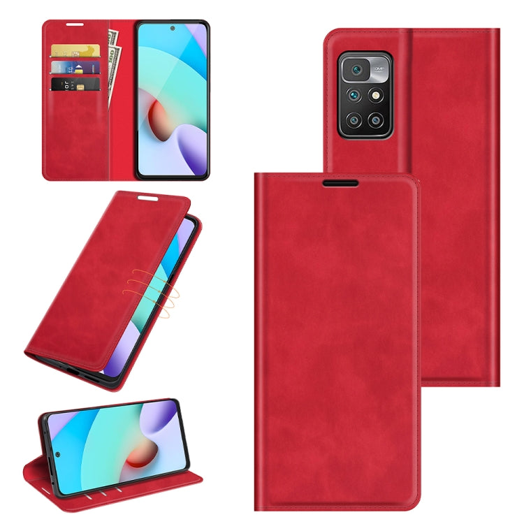 Magnetic leather wallet phone case with card slots and stand, red for Redmi 10