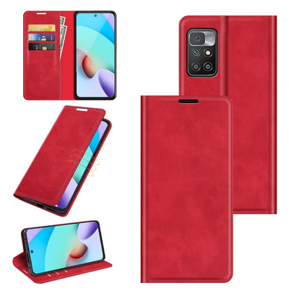 Magnetic leather wallet phone case with card slots and stand, red for Redmi 10