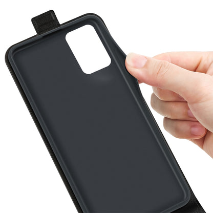 Black vertical flip leather phone case back with camera and hand-grip cutout