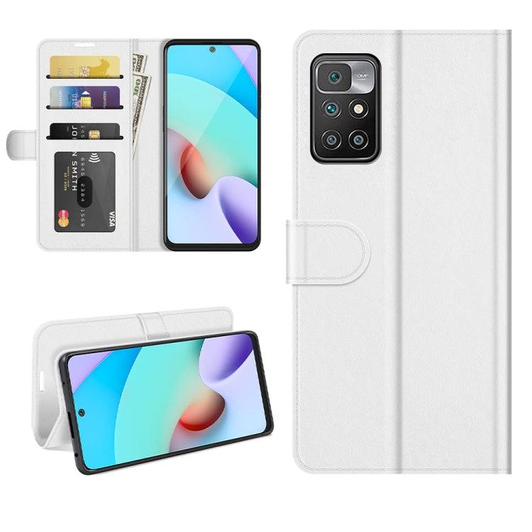 White flip wallet phone case with card slots and holder for Redmi 10, front and back view