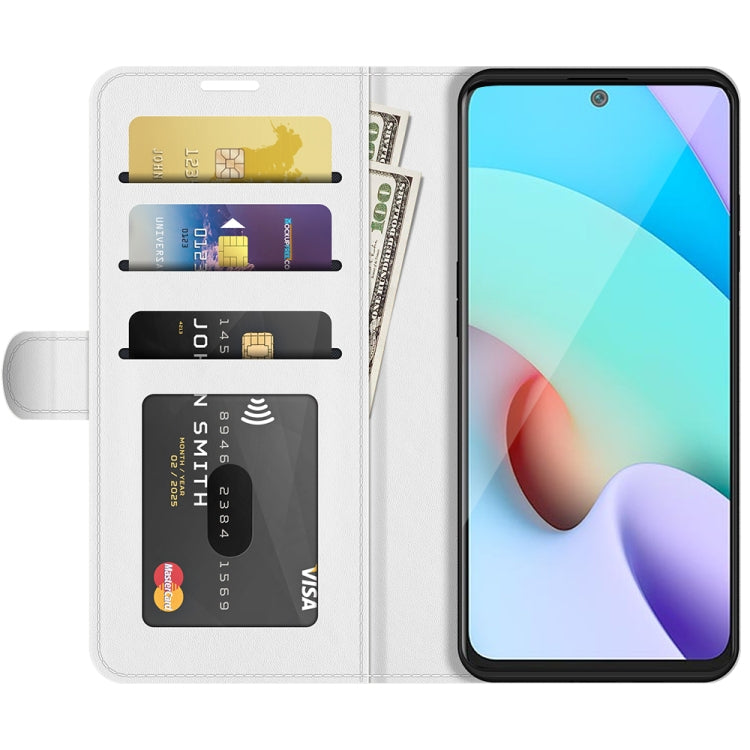 White flip wallet phone case with card slots and holder, case opened next to Redmi 10
