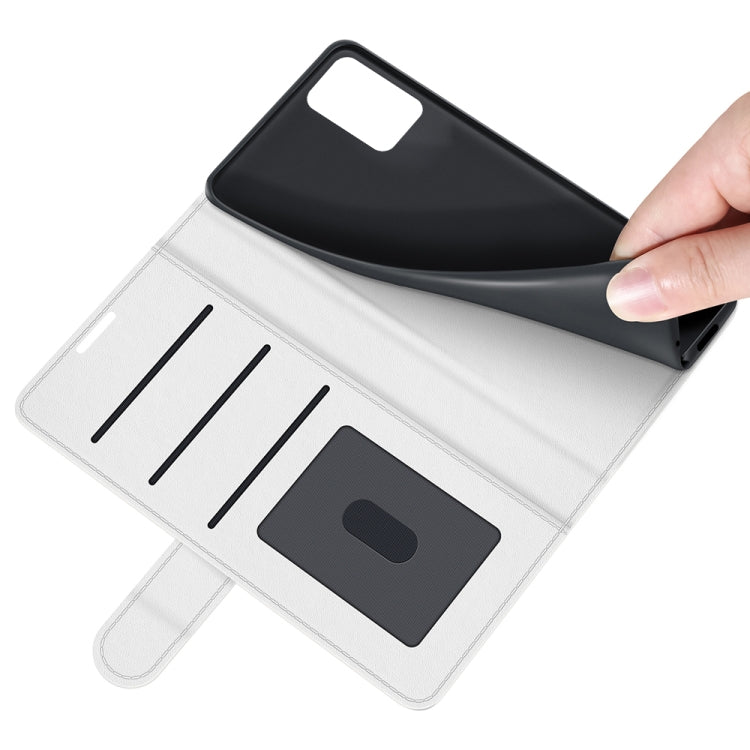 White flip wallet phone case interior with card slots and hand lifting flap