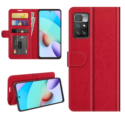 Red flip wallet phone case with card slots and holder for Redmi 10, open and closed views