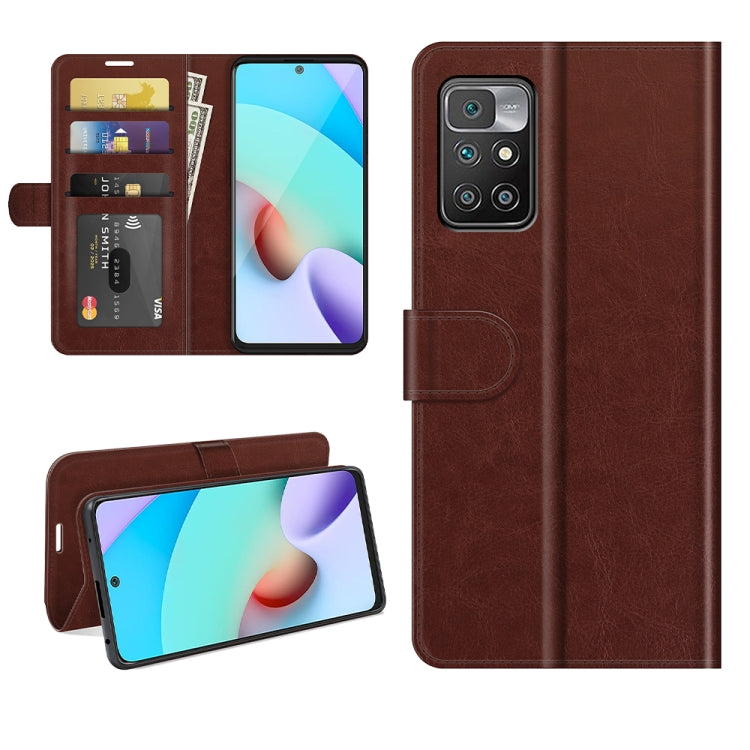Brown flip wallet phone case with card slots and holder for Redmi 10, open and closed views