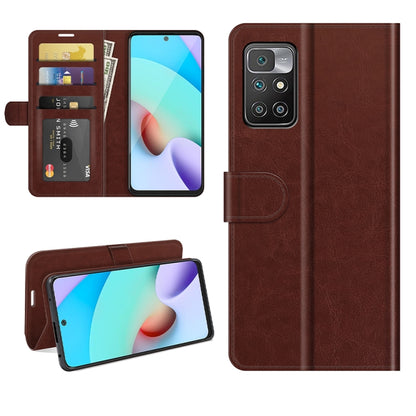 Brown flip wallet phone case with card slots and holder for Redmi 10, open and closed views