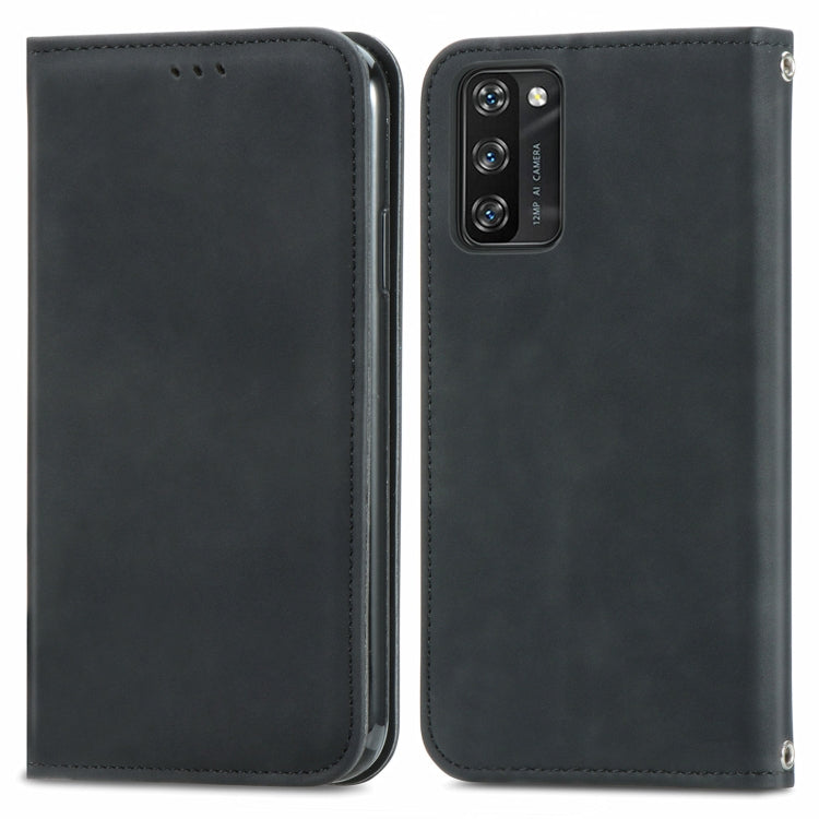 Black magnetic flip leather case, back view with camera cutouts
