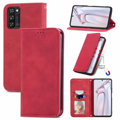 Red magnetic flip leather case with card slots and built-in stand