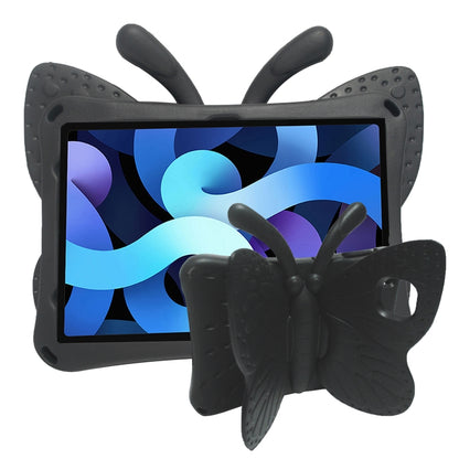 Black kids tablet protective case with butterfly bracket design and stand, front view