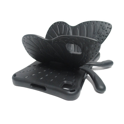 Black butterfly-style protective tablet case with stand, angled view
