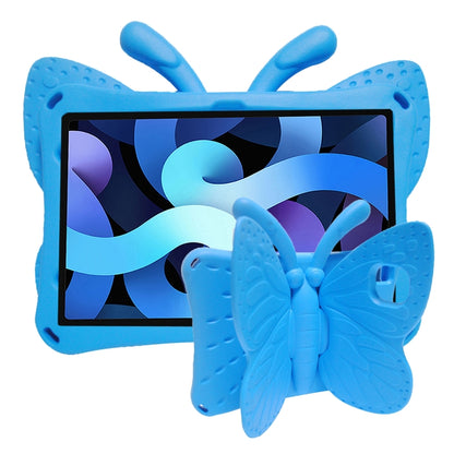 Blue kids tablet protective case with butterfly bracket design and stand, front view