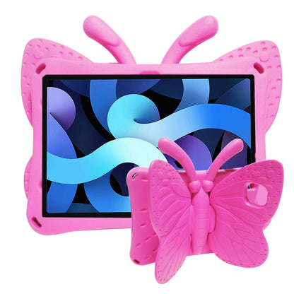 Pink kids tablet protective case with butterfly bracket design and stand, front view