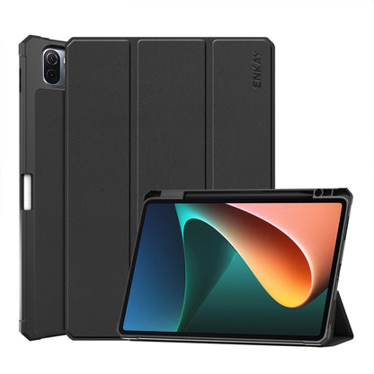 Smart folio case for tablet with three-fold cover, black PU leather-style, kickstand view