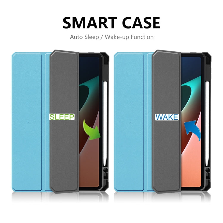 Smart folio case with sleep/wake auto function, blue cover shown open and closed