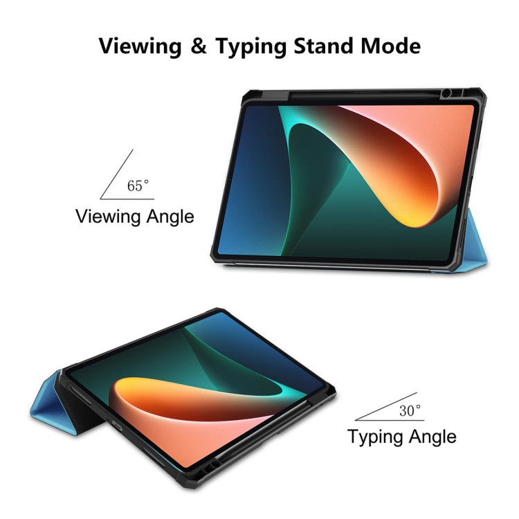 Smart folio case with viewing and typing stand modes, three-panel fold, blue screen support