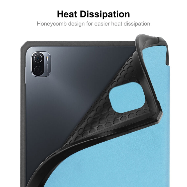 Smart folio case with honeycomb heat-dissipation panel, blue TPU back with protective cutout
