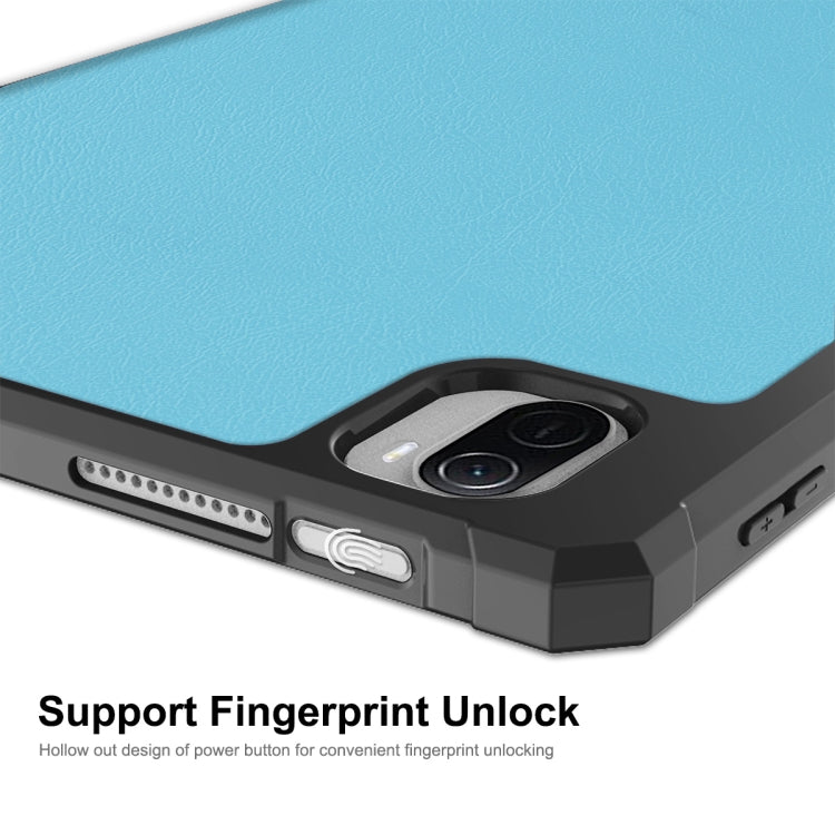 Smart folio case corner with fingerprint-unlock power button, sky blue TPU frame