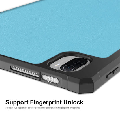Smart folio case corner with fingerprint-unlock power button, sky blue TPU frame