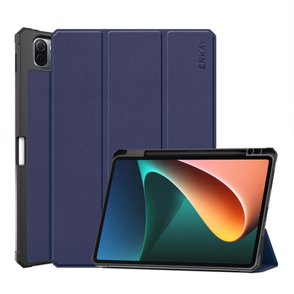 Smart folio case for tablet with three-fold cover, dark blue PU leather-style, kickstand view