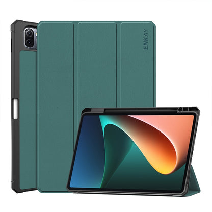 Smart folio case for tablet with three-fold cover, dark green PU leather-style, kickstand view