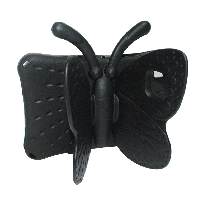 Butterfly EVA kids tablet case, black, angled front view with stand and camera opening