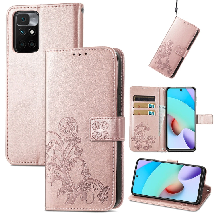 Four-leaf Clasp Embossed Buckle Mobile Phone Protection Leather Case with Lanyard & Card Slot & Wallet & Bracket Function, For Xiaomi Redmi 10