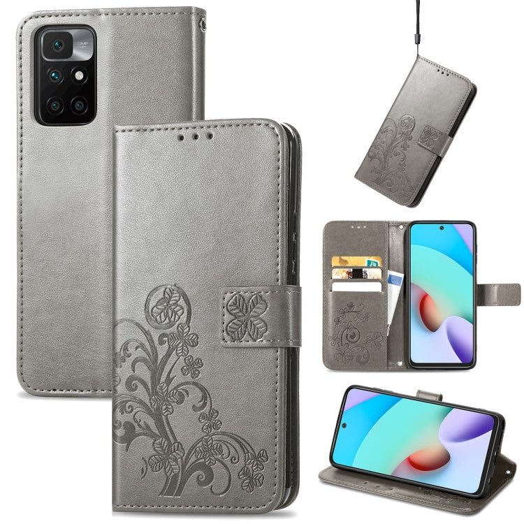 Four-leaf Clasp Embossed Buckle Mobile Phone Protection Leather Case with Lanyard & Card Slot & Wallet & Bracket Function, For Xiaomi Redmi 10