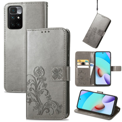 Four-leaf Clasp Embossed Buckle Mobile Phone Protection Leather Case with Lanyard & Card Slot & Wallet & Bracket Function, For Xiaomi Redmi 10