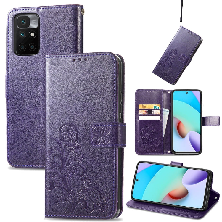 Four-leaf Clasp Embossed Buckle Mobile Phone Protection Leather Case with Lanyard & Card Slot & Wallet & Bracket Function, For Xiaomi Redmi 10