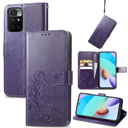Four-leaf Clasp Embossed Buckle Mobile Phone Protection Leather Case with Lanyard & Card Slot & Wallet & Bracket Function, For Xiaomi Redmi 10