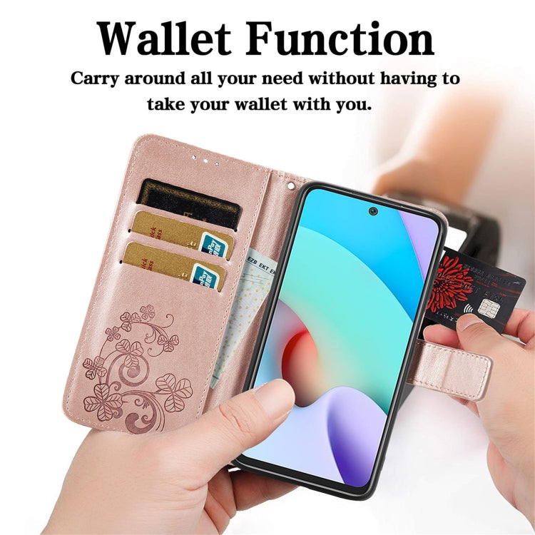 Four-leaf Clasp Embossed Buckle Mobile Phone Protection Leather Case with Lanyard & Card Slot & Wallet & Bracket Function, For Xiaomi Redmi 10