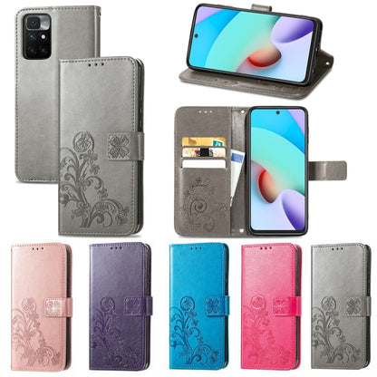 Four-leaf Clasp Embossed Buckle Mobile Phone Protection Leather Case with Lanyard & Card Slot & Wallet & Bracket Function, For Xiaomi Redmi 10