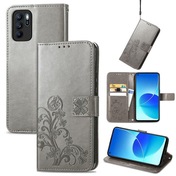 Grey leather wallet phone case with embossed floral clasp, card slot, lanyard strap