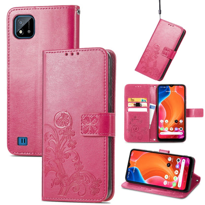 Magenta leather wallet phone case with embossed floral clasp and card slot