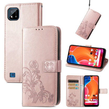 Light rose leather wallet phone case with embossed floral clasp, card slot, lanyard strap
