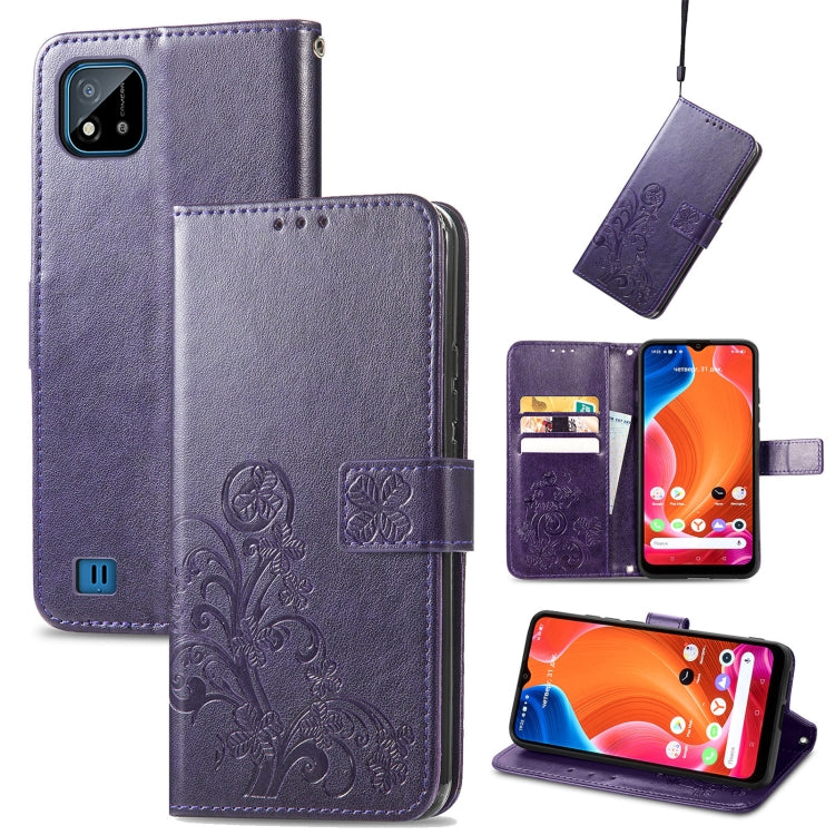 Purple embossed wallet mobile phone case with clasp, card slots, and wrist lanyard strap