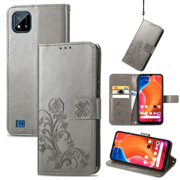 Grey embossed wallet mobile phone case with clasp, card slot, and wrist lanyard strap