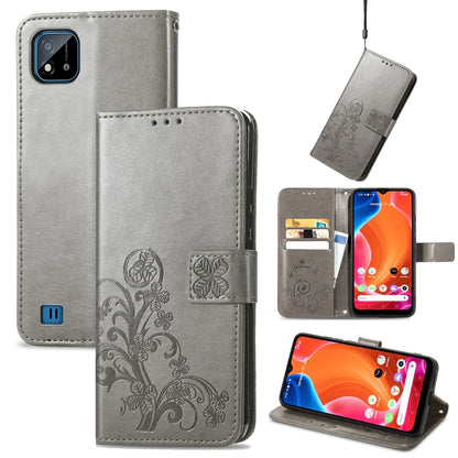 Grey embossed wallet mobile phone case with clasp, card slot, and wrist lanyard strap