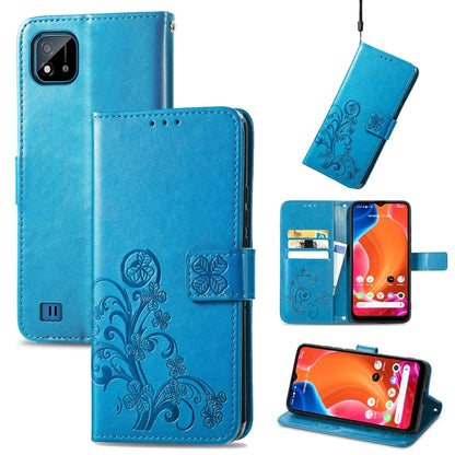 Blue embossed wallet mobile phone case with clasp, card slots, and wrist lanyard strap