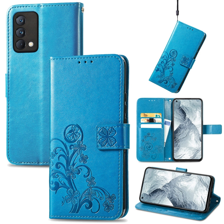 Bright blue embossed wallet mobile phone case with clasp, card slots, and wrist lanyard strap