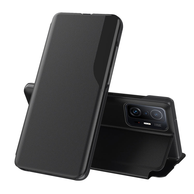 Black leather flip phone case with stand, front cover and camera cutout